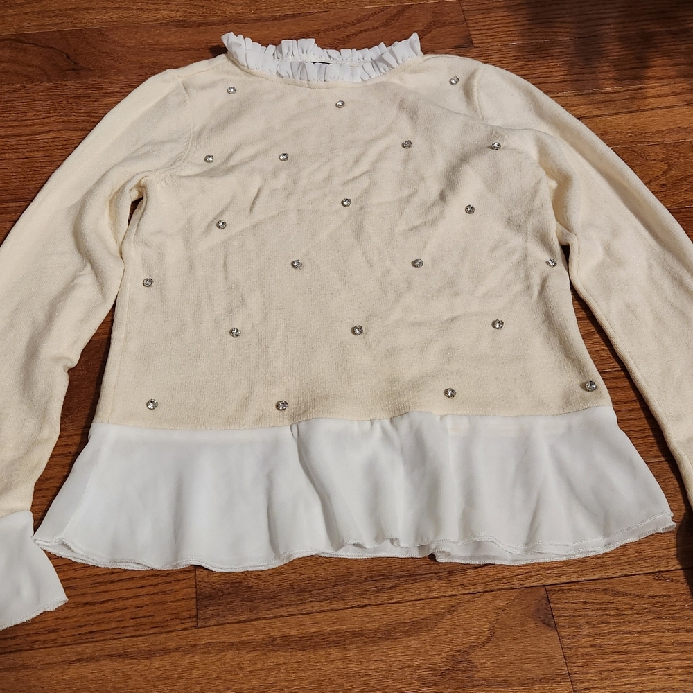 Cream and White Ruffle Sweater with Silver Rhinestone Accents S